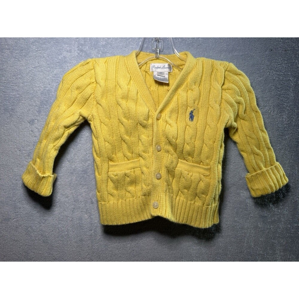 POLO Ralph Lauren Baby Cable-Knit Button V-Neck Yellow Cardigan Sweater 9 Mos